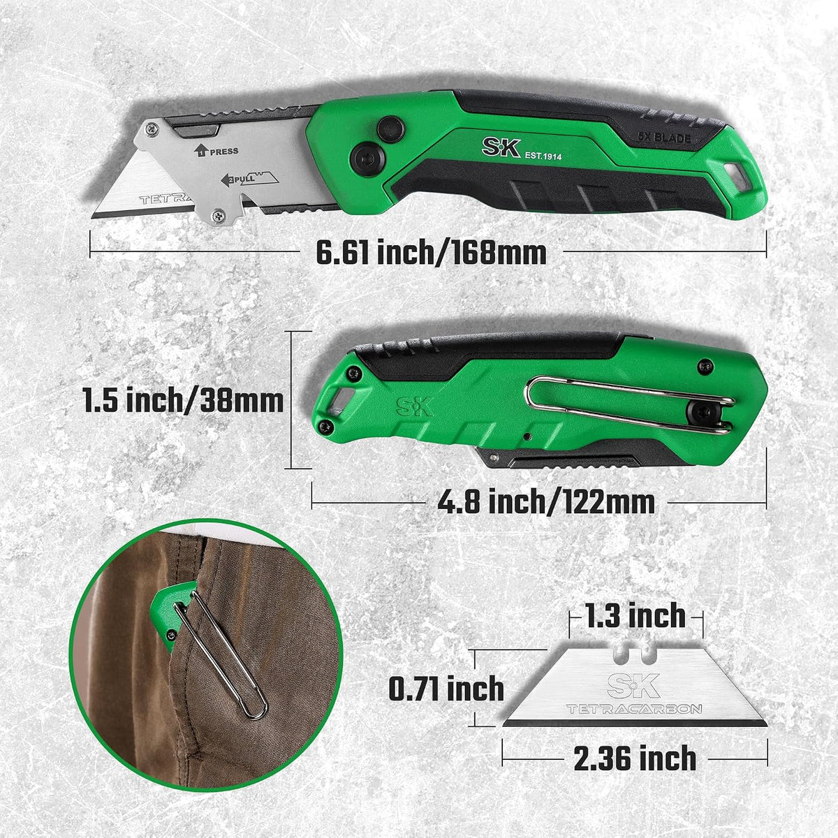 SK Utility Knife with SK2M TAC Blade & Aluminum Handle, Folding Box Cutter