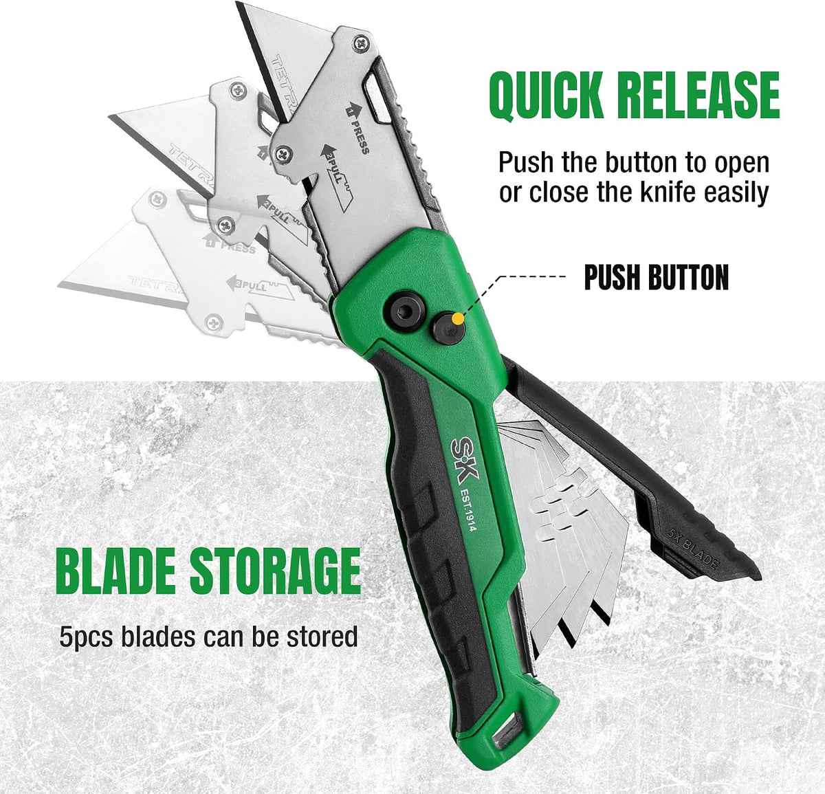 SK Utility Knife with SK2M TAC Blade & Aluminum Handle, Folding Box Cutter
