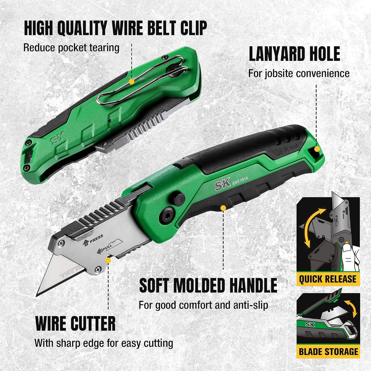 SK Utility Knife with SK2M TAC Blade & Aluminum Handle, Folding Box Cutter