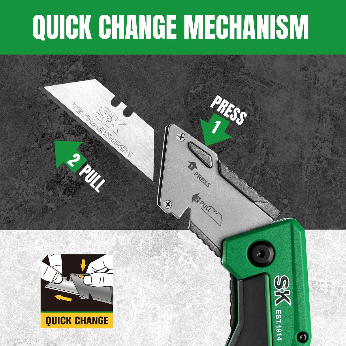 SK Utility Knife with SK2M TAC Blade & Aluminum Handle, Folding Box Cutter