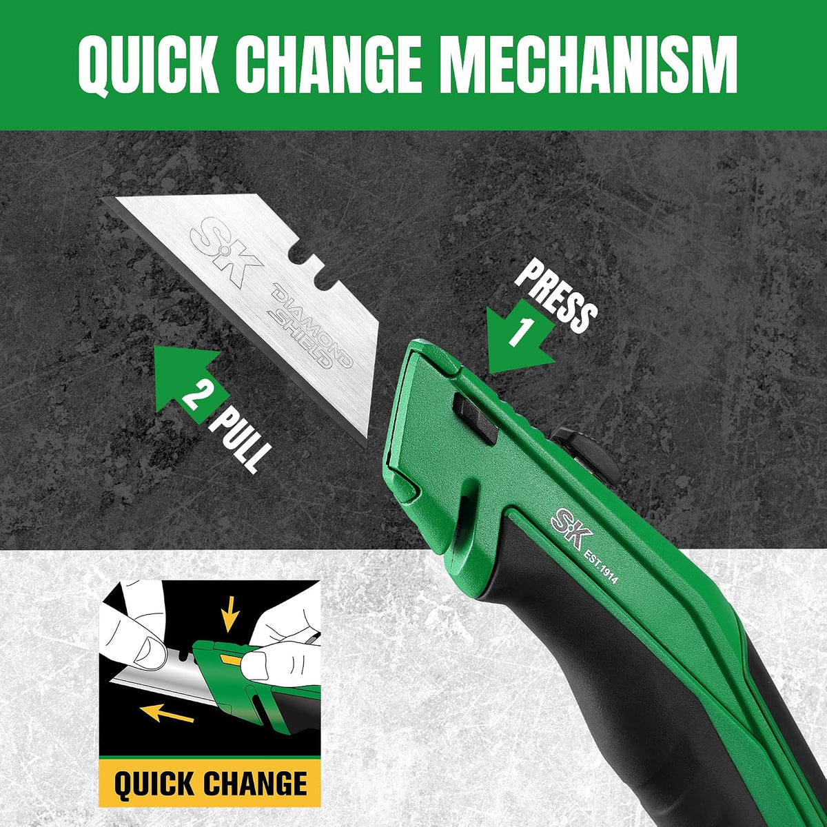 SK Utility Knife with SK2M TAC Blade & Aluminum Handle, Folding Box Cutter