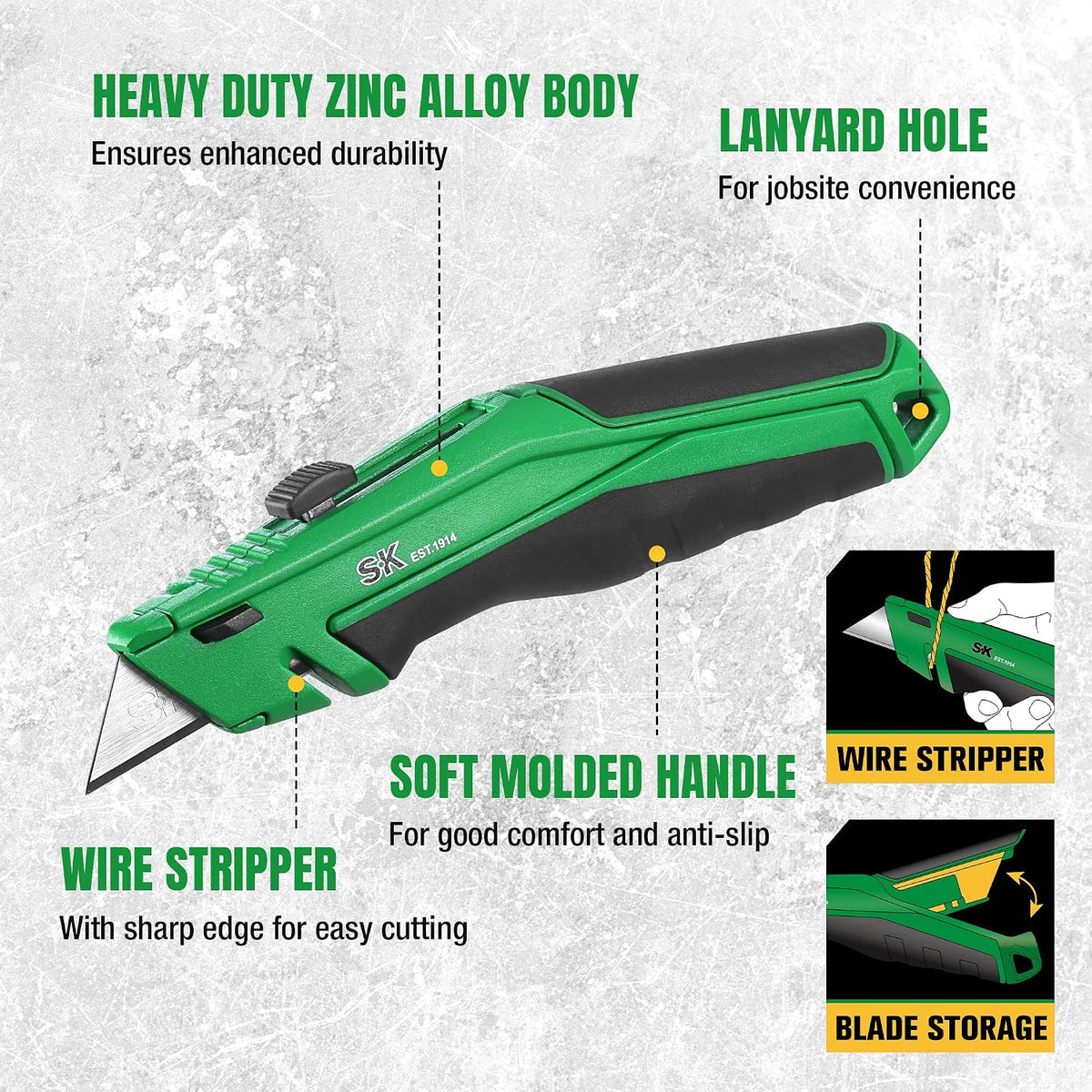 SK Utility Knife with SK2M TAC Blade & Aluminum Handle, Folding Box Cutter