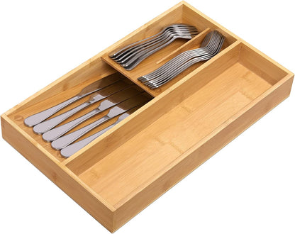 Bamboo Silverware Drawer Organizer, Kitchen Small Silverware Organizer, Utensil Tray Holder, Cutlery Tray for Spoons, Forks, Knives, Suitable for a family of 2-4