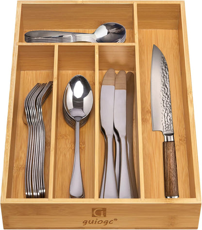 Bamboo Silverware Drawer Organizer, Kitchen Small Silverware Organizer, Utensil Tray Holder, Cutlery Tray for Spoons, Forks, Knives, Suitable for a family of 2-4
