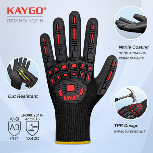TPR Impact Resistant Work Gloves for Men, MicroFoam Nitrile Coated | ANSI Cut Resistant Level A3, Anti-Abrasion & Firm Grip, TPR Back Impact Guard, for Mechanics, Construction, Glass Handling