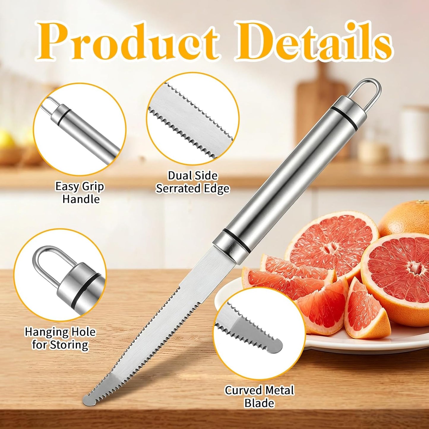 2Pcs Grapefruit Knife, Grapefruit Utensil Knifes, Curved Serrated Kiwi Knifes Fruit Cutter Peeler with Ergonomic Handle, Grape Cutter Tool Fast Flesh Separation for Orange, Lemon, Pomelo
