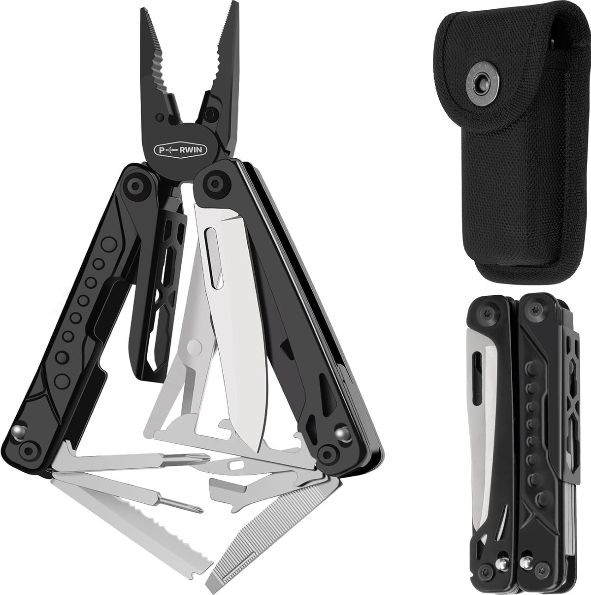 Multitool, 17-in-1 Stainless Steel Multi Tool Pliers with Self-Locking, Pocket Knife, Nylon Sheath, Professional (EDC) Multi-Tool for Survival, Camping and Hunting, Hiking, Gifts for Men