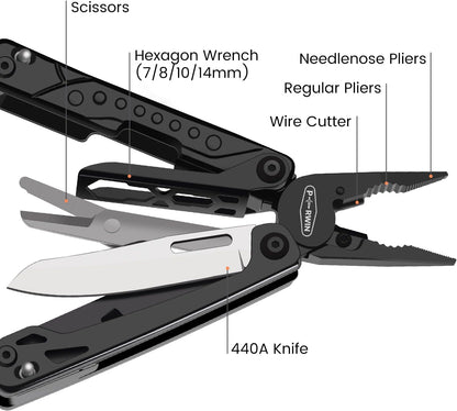 Multitool, 17-in-1 Stainless Steel Multi Tool Pliers with Self-Locking, Pocket Knife, Nylon Sheath, Professional (EDC) Multi-Tool for Survival, Camping and Hunting, Hiking, Gifts for Men