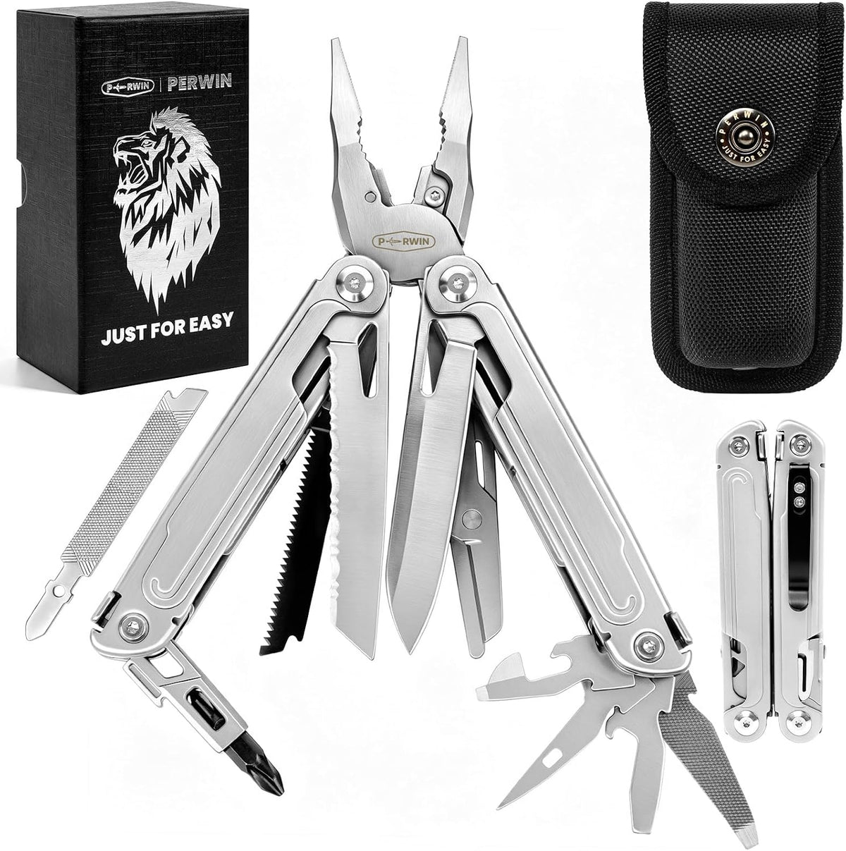 Multitool, 17-in-1 Stainless Steel Multi Tool Pliers with Self-Locking, Pocket Knife, Nylon Sheath, Professional (EDC) Multi-Tool for Survival, Camping and Hunting, Hiking, Gifts for Men
