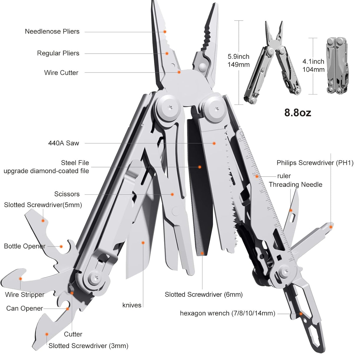 Multitool, 17-in-1 Stainless Steel Multi Tool Pliers with Self-Locking, Pocket Knife, Nylon Sheath, Professional (EDC) Multi-Tool for Survival, Camping and Hunting, Hiking, Gifts for Men