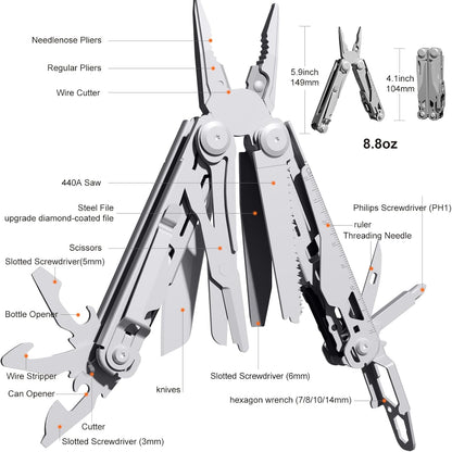 Multitool, 17-in-1 Stainless Steel Multi Tool Pliers with Self-Locking, Pocket Knife, Nylon Sheath, Professional (EDC) Multi-Tool for Survival, Camping and Hunting, Hiking, Gifts for Men