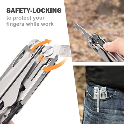 Multitool, 17-in-1 Stainless Steel Multi Tool Pliers with Self-Locking, Pocket Knife, Nylon Sheath, Professional (EDC) Multi-Tool for Survival, Camping and Hunting, Hiking, Gifts for Men