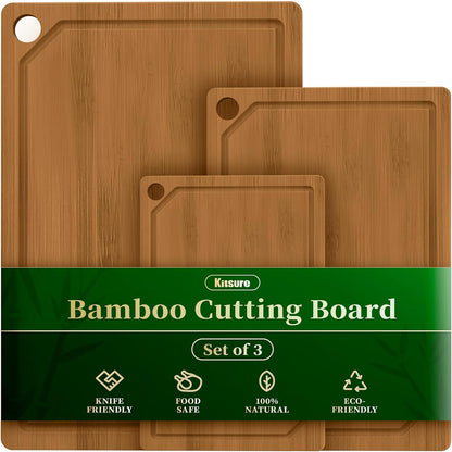 Kitchen Cutting Board Set - 3-Piece Wooden Cutting Boards for Kitchen with Juice Groove, Handles, Hang Holes, Stylish Kitchen Essentials for Chpping & Serving, Natural, 0.6"Th - (L+M+S)