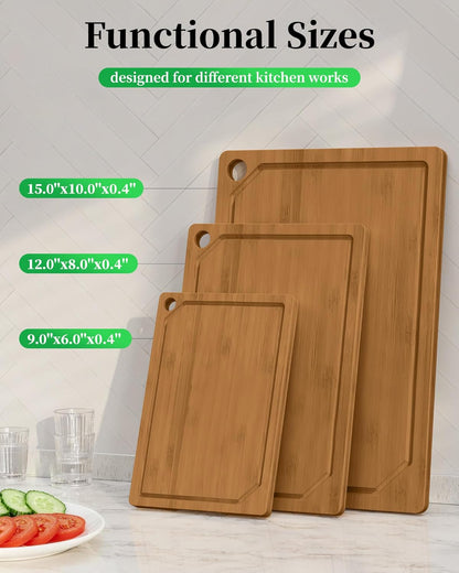 Kitchen Cutting Board Set - 3-Piece Wooden Cutting Boards for Kitchen with Juice Groove, Handles, Hang Holes, Stylish Kitchen Essentials for Chpping & Serving, Natural, 0.6"Th - (L+M+S)