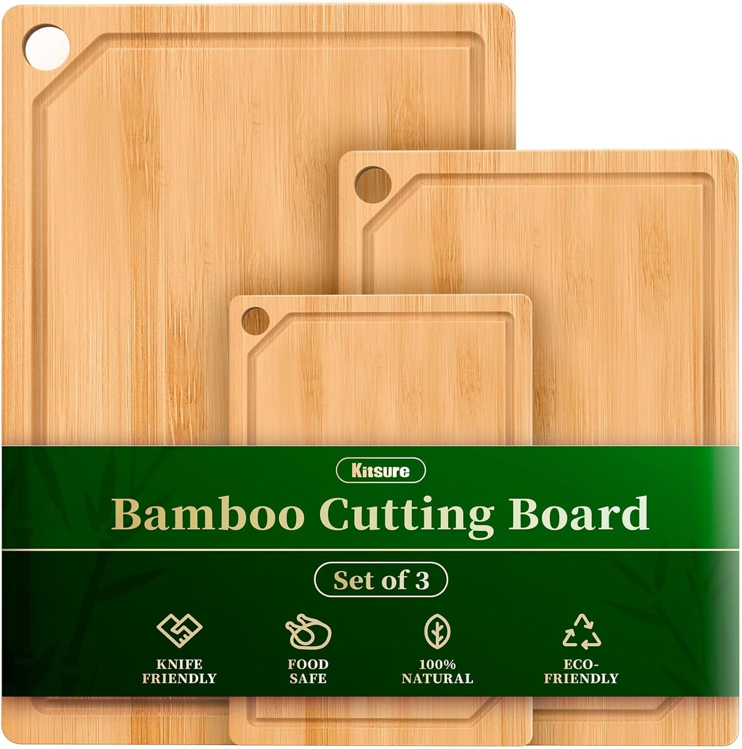 Kitchen Cutting Board Set - 3-Piece Wooden Cutting Boards for Kitchen with Juice Groove, Handles, Hang Holes, Stylish Kitchen Essentials for Chpping & Serving, Natural, 0.6"Th - (L+M+S)
