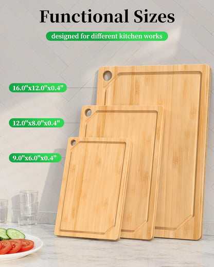Kitchen Cutting Board Set - 3-Piece Wooden Cutting Boards for Kitchen with Juice Groove, Handles, Hang Holes, Stylish Kitchen Essentials for Chpping & Serving, Natural, 0.6"Th - (L+M+S)