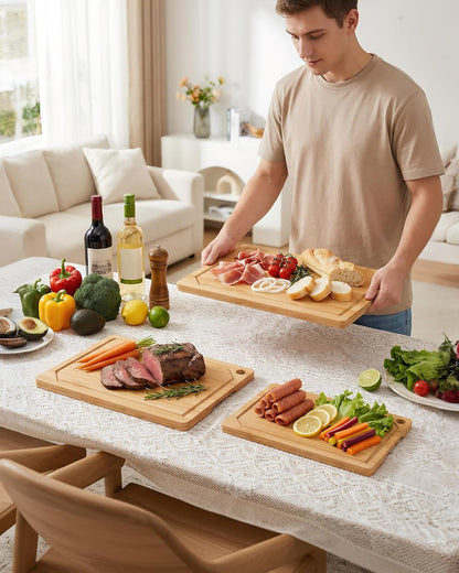Kitchen Cutting Board Set - 3-Piece Wooden Cutting Boards for Kitchen with Juice Groove, Handles, Hang Holes, Stylish Kitchen Essentials for Chpping & Serving, Natural, 0.6"Th - (L+M+S)
