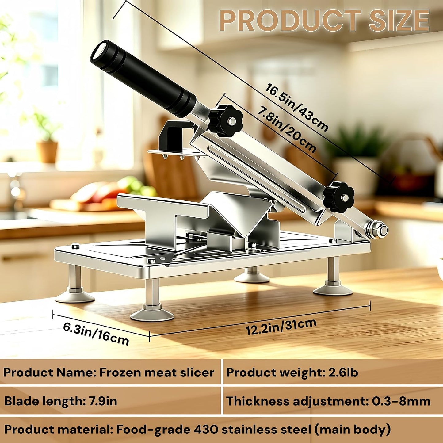 Manual Frozen Meat Slicer, Upgraded Stainless Steel Meat Cutter for Beef Mutton Bacon Home Food Slicing Machine for Hot Pot BBQ sandwiches pizza