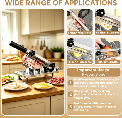 Manual Frozen Meat Slicer, Upgraded Stainless Steel Meat Cutter for Beef Mutton Bacon Home Food Slicing Machine for Hot Pot BBQ sandwiches pizza