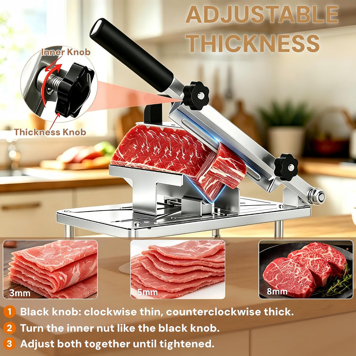 Manual Frozen Meat Slicer, Upgraded Stainless Steel Meat Cutter for Beef Mutton Bacon Home Food Slicing Machine for Hot Pot BBQ sandwiches pizza