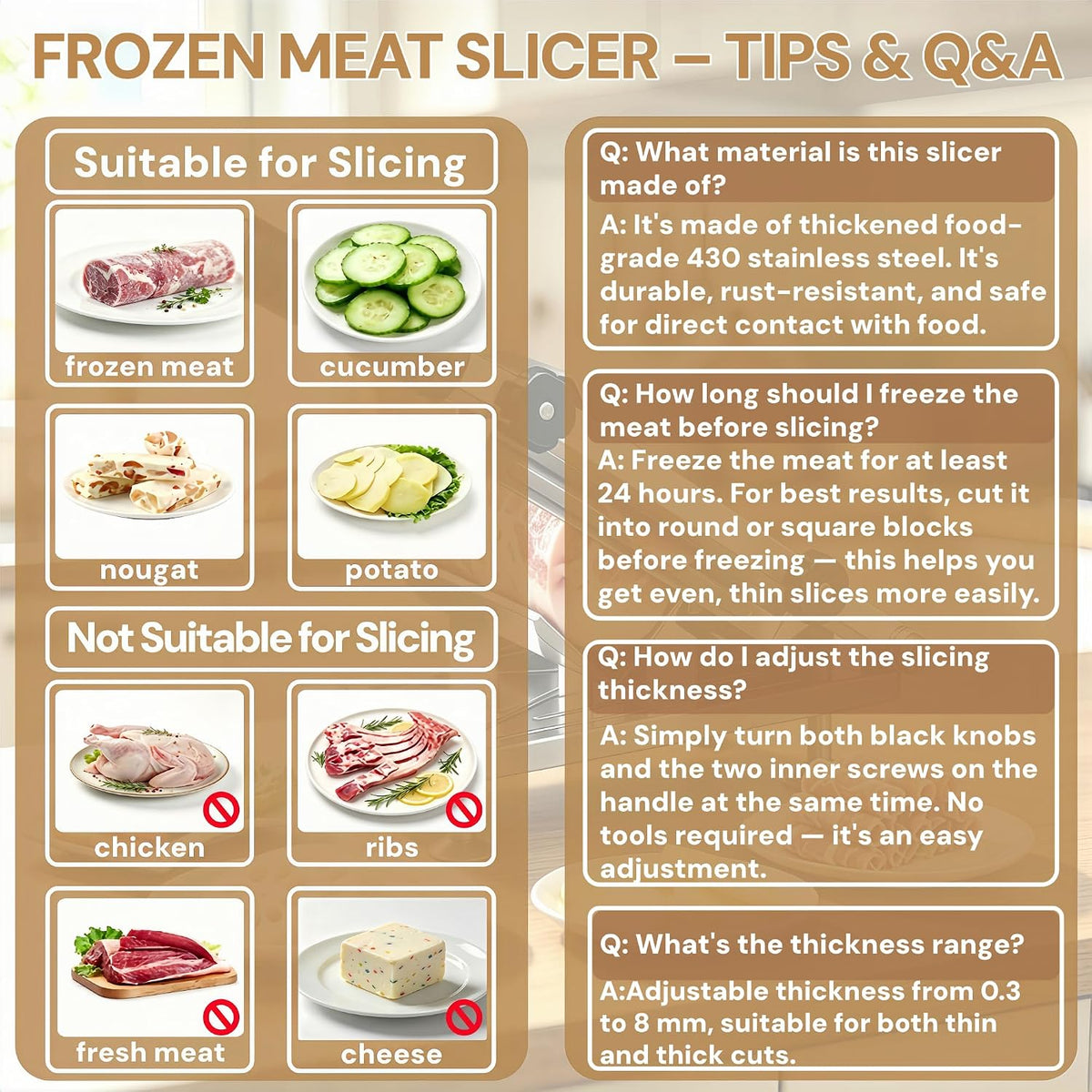 Manual Frozen Meat Slicer, Upgraded Stainless Steel Meat Cutter for Beef Mutton Bacon Home Food Slicing Machine for Hot Pot BBQ sandwiches pizza