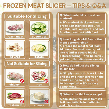 Manual Frozen Meat Slicer, Upgraded Stainless Steel Meat Cutter for Beef Mutton Bacon Home Food Slicing Machine for Hot Pot BBQ sandwiches pizza