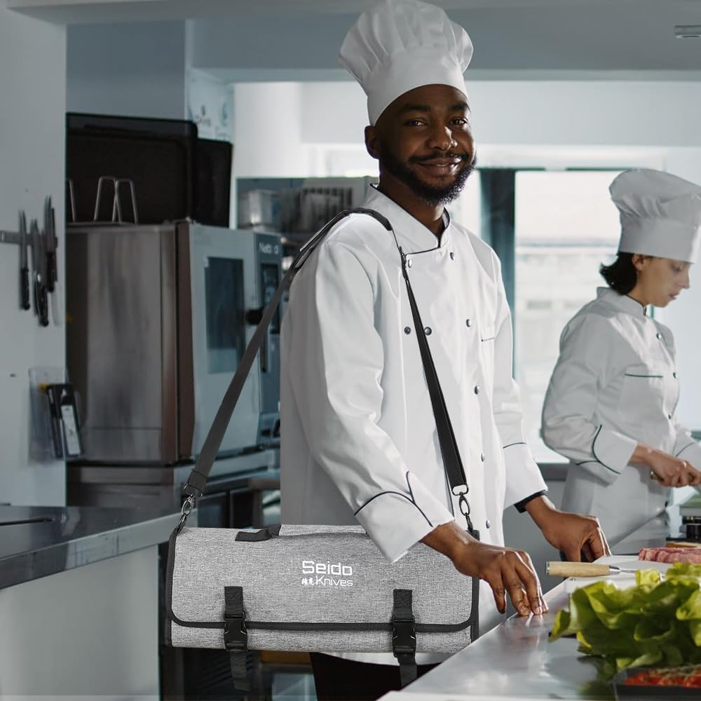 Chef's Knife Roll Bag (16 Slots), Waterproof Knife Storage Bag, Roll-up Knife Bag, Portable Knife Carrier, Travel Knife Bag | Culinary Knife Case for Chefs & Students