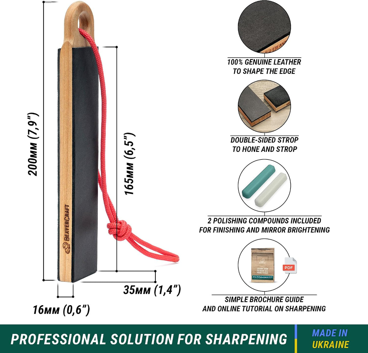 Leather Strop for Knife Sharpening LS9P02 - Stropping Kit with Polishing Compound - Leather Knife Sharpener - Honing Strop Block 2-sided