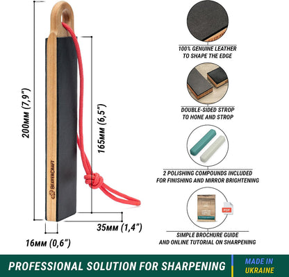 Leather Strop for Knife Sharpening LS9P02 - Stropping Kit with Polishing Compound - Leather Knife Sharpener - Honing Strop Block 2-sided