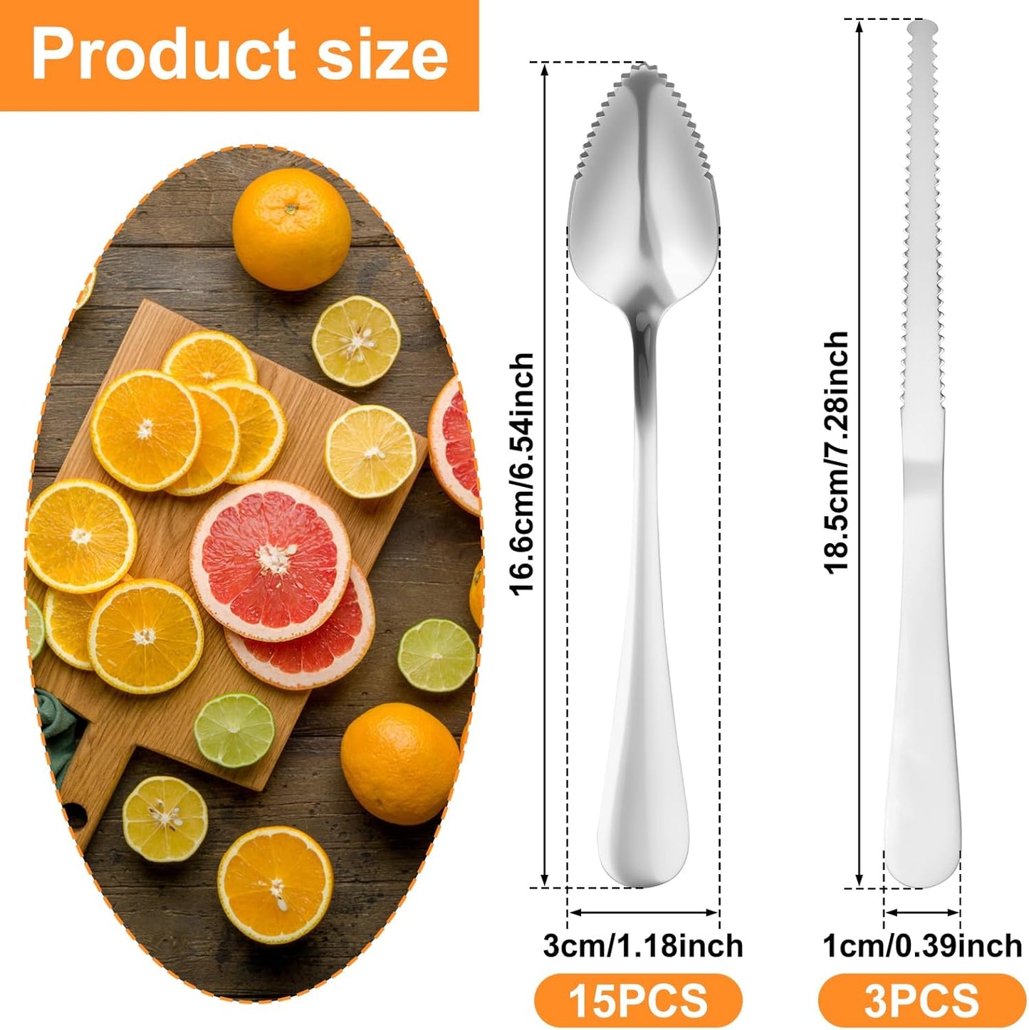 15 Pack Grapefruit Spoons and 3 Grapefruit Knife, Stainless Steel Flatware Set Serrated Edges, Grapefruit Utensil Set for Peeling and Scooping the Pulp, Cutting Utensil Kitchen for Fruit Kiwi Orange