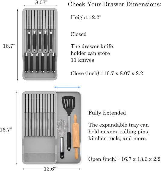 Expandable Drawer Knife Insert Organizer - Plastic Knife Storage Tray for Kitchen Drawers, Adjustable to Fit 11 Knives & Utensils, BPA-Free, Ventilated, Space-Saving, Easy to Clean