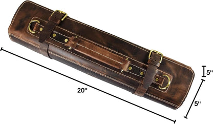 Leather Knife Roll Storage Bag, Elastic and Expandable 10 Pockets, Adjustable/Detachable Shoulder Strap, Travel-Friendly Chef Knife Case (Dark Brown, Leather)