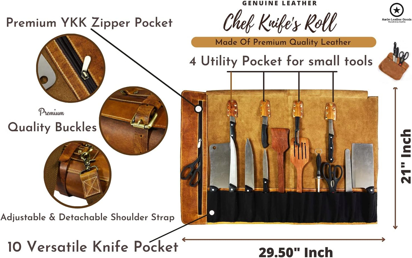 Leather Knife Roll Storage Bag, Elastic and Expandable 10 Pockets, Adjustable/Detachable Shoulder Strap, Travel-Friendly Chef Knife Case (Dark Brown, Leather)