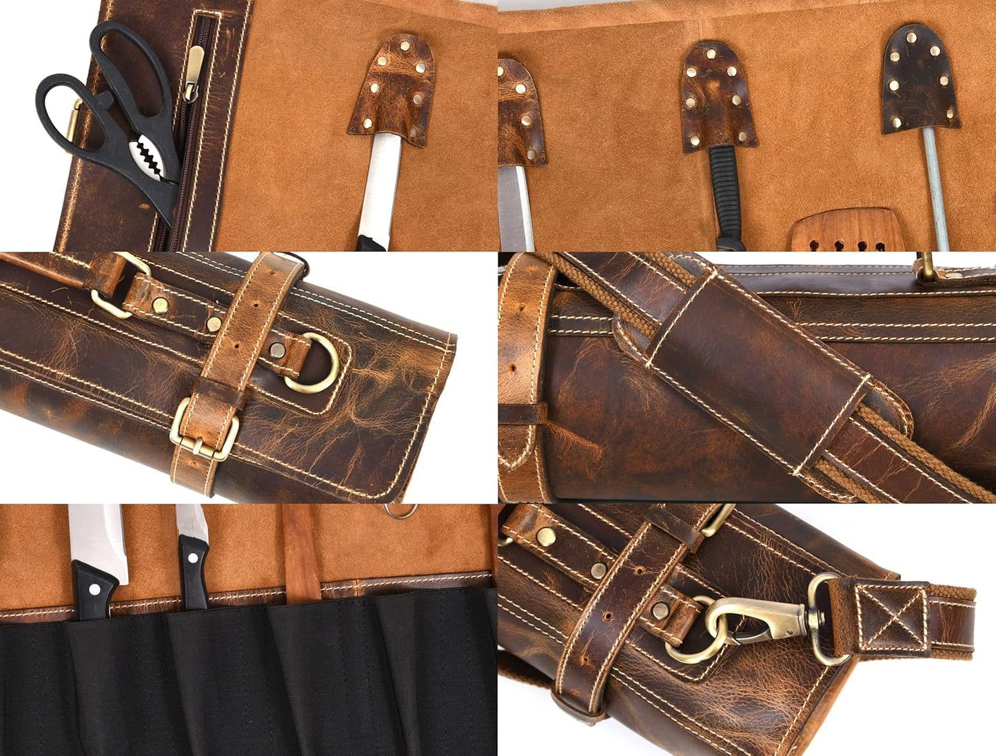 Leather Knife Roll Storage Bag, Elastic and Expandable 10 Pockets, Adjustable/Detachable Shoulder Strap, Travel-Friendly Chef Knife Case (Dark Brown, Leather)