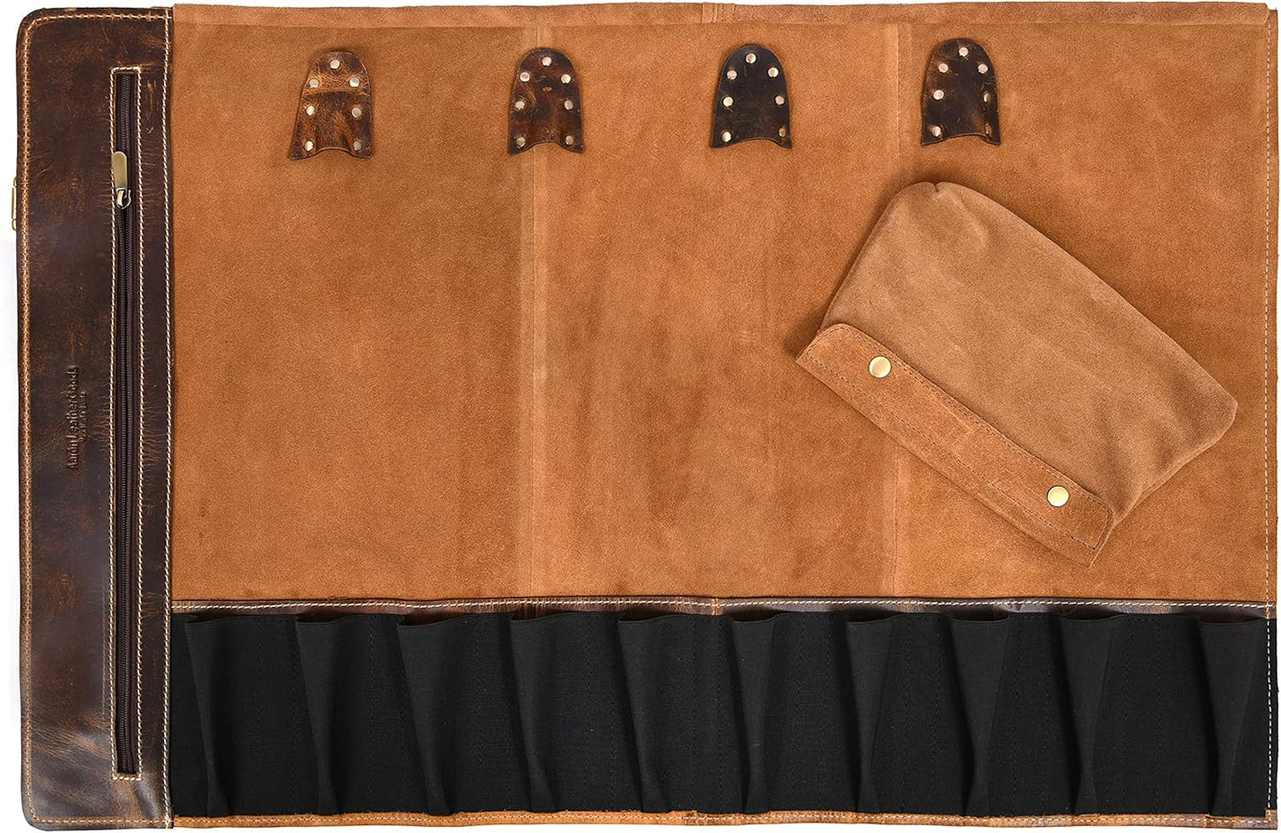 Leather Knife Roll Storage Bag, Elastic and Expandable 10 Pockets, Adjustable/Detachable Shoulder Strap, Travel-Friendly Chef Knife Case (Dark Brown, Leather)