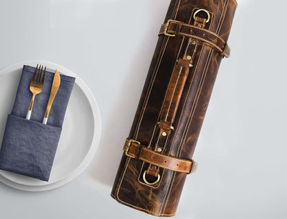 Leather Knife Roll Storage Bag, Elastic and Expandable 10 Pockets, Adjustable/Detachable Shoulder Strap, Travel-Friendly Chef Knife Case (Dark Brown, Leather)