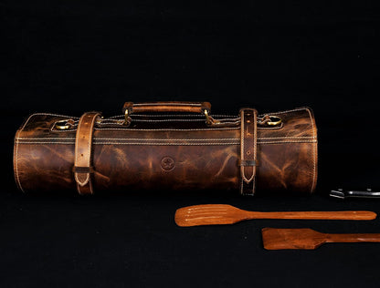 Leather Knife Roll Storage Bag, Elastic and Expandable 10 Pockets, Adjustable/Detachable Shoulder Strap, Travel-Friendly Chef Knife Case (Dark Brown, Leather)