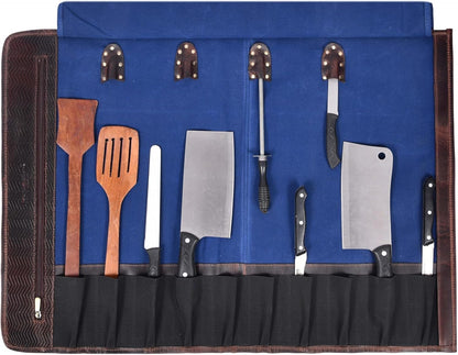 Leather Knife Roll Storage Bag, Elastic and Expandable 10 Pockets, Adjustable/Detachable Shoulder Strap, Travel-Friendly Chef Knife Case (Dark Brown, Leather)