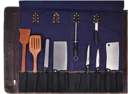 Leather Knife Roll Storage Bag, Elastic and Expandable 10 Pockets, Adjustable/Detachable Shoulder Strap, Travel-Friendly Chef Knife Case (Dark Brown, Leather)