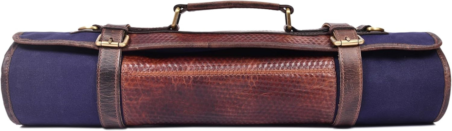 Leather Knife Roll Storage Bag, Elastic and Expandable 10 Pockets, Adjustable/Detachable Shoulder Strap, Travel-Friendly Chef Knife Case (Dark Brown, Leather)