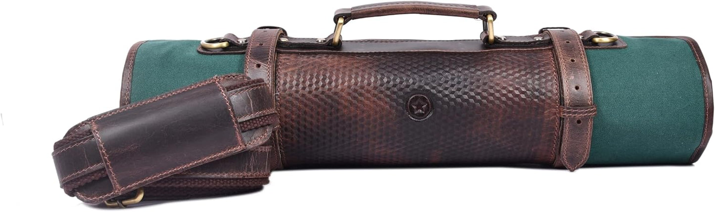 Leather Knife Roll Storage Bag, Elastic and Expandable 10 Pockets, Adjustable/Detachable Shoulder Strap, Travel-Friendly Chef Knife Case (Dark Brown, Leather)