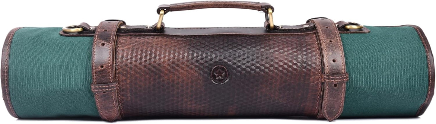 Leather Knife Roll Storage Bag, Elastic and Expandable 10 Pockets, Adjustable/Detachable Shoulder Strap, Travel-Friendly Chef Knife Case (Dark Brown, Leather)