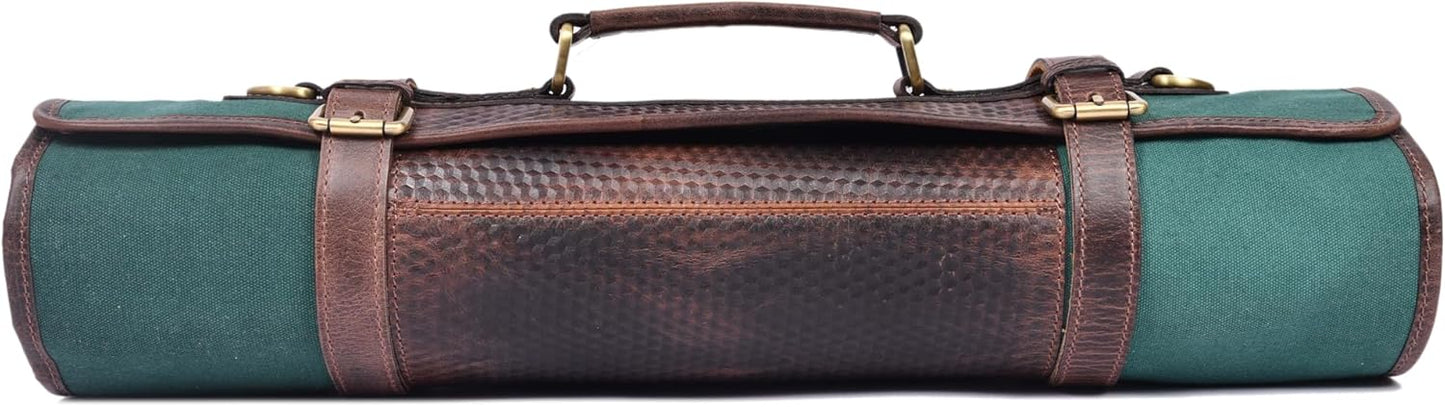 Leather Knife Roll Storage Bag, Elastic and Expandable 10 Pockets, Adjustable/Detachable Shoulder Strap, Travel-Friendly Chef Knife Case (Dark Brown, Leather)