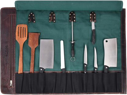 Leather Knife Roll Storage Bag, Elastic and Expandable 10 Pockets, Adjustable/Detachable Shoulder Strap, Travel-Friendly Chef Knife Case (Dark Brown, Leather)
