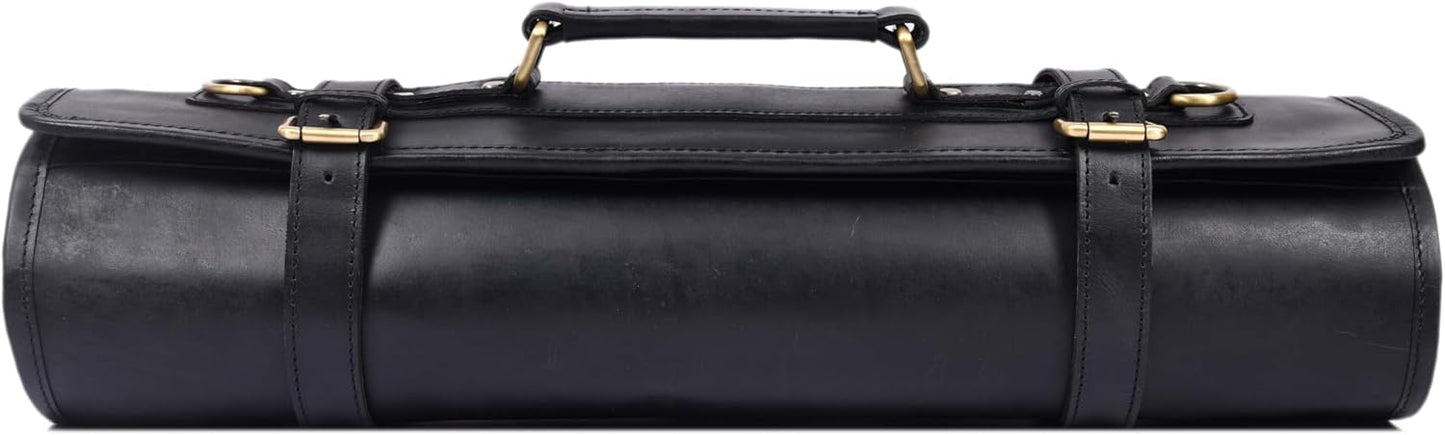 Leather Knife Roll Storage Bag, Elastic and Expandable 10 Pockets, Adjustable/Detachable Shoulder Strap, Travel-Friendly Chef Knife Case (Dark Brown, Leather)