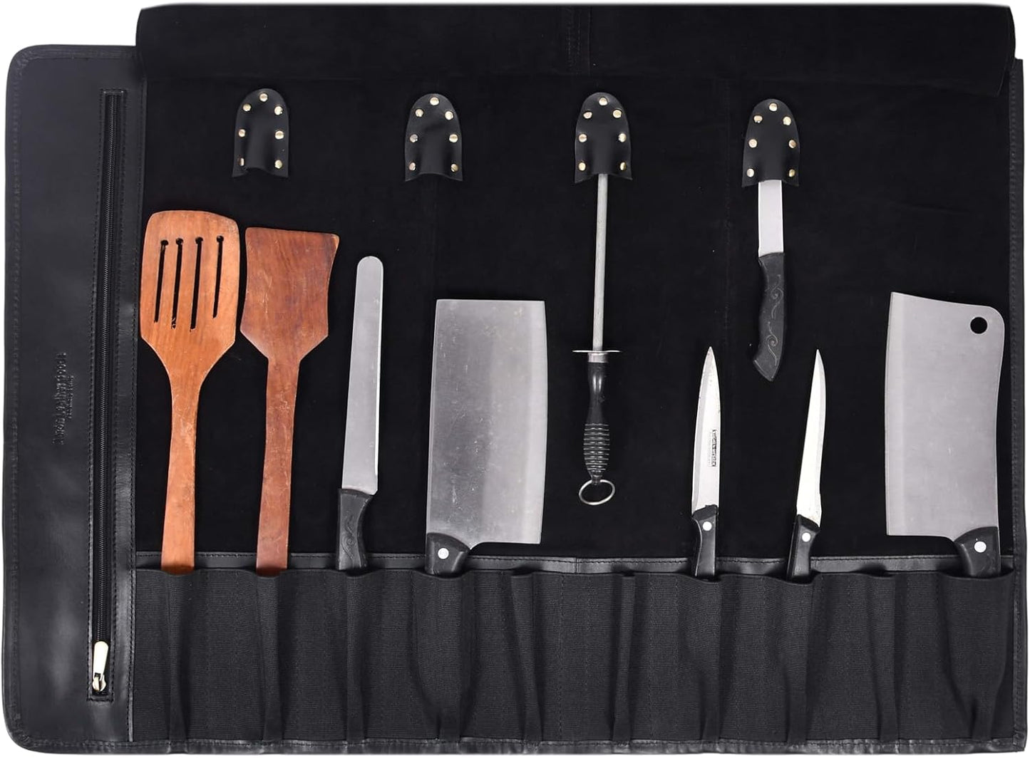 Leather Knife Roll Storage Bag, Elastic and Expandable 10 Pockets, Adjustable/Detachable Shoulder Strap, Travel-Friendly Chef Knife Case (Dark Brown, Leather)