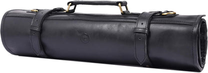 Leather Knife Roll Storage Bag, Elastic and Expandable 10 Pockets, Adjustable/Detachable Shoulder Strap, Travel-Friendly Chef Knife Case (Dark Brown, Leather)