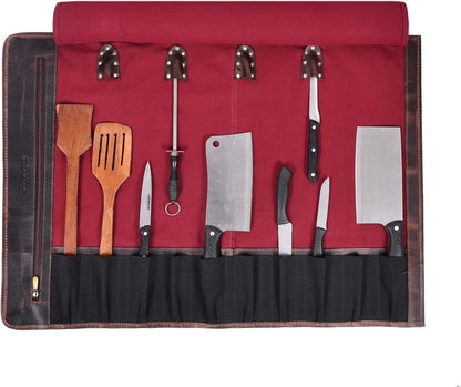 Leather Knife Roll Storage Bag, Elastic and Expandable 10 Pockets, Adjustable/Detachable Shoulder Strap, Travel-Friendly Chef Knife Case (Dark Brown, Leather)