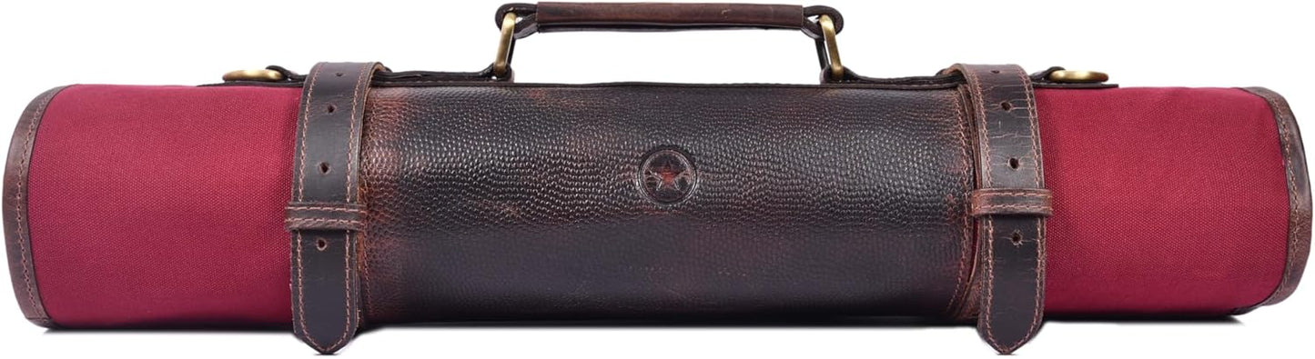Leather Knife Roll Storage Bag, Elastic and Expandable 10 Pockets, Adjustable/Detachable Shoulder Strap, Travel-Friendly Chef Knife Case (Dark Brown, Leather)