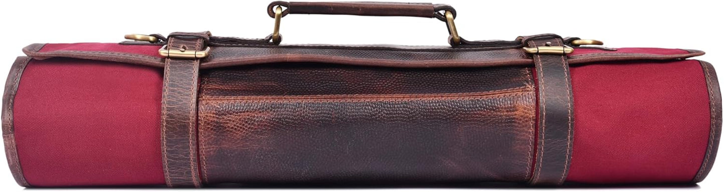 Leather Knife Roll Storage Bag, Elastic and Expandable 10 Pockets, Adjustable/Detachable Shoulder Strap, Travel-Friendly Chef Knife Case (Dark Brown, Leather)
